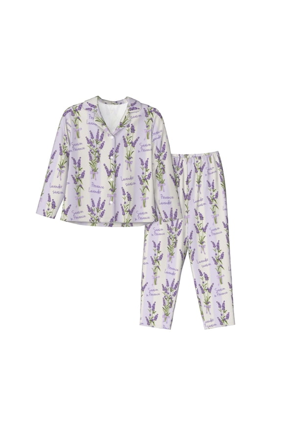 Lavender Flowers Pattern Women’s Long-Sleeve Sleepwear Set - Soft 2-Piece Loungewear with Pockets, Comfy PJs for Relaxing Nights-XX-Large