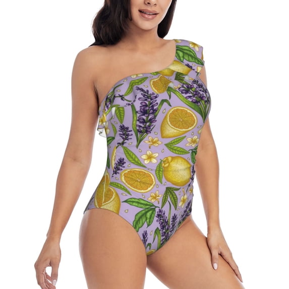 Picia Lavender Flowers Pattern Women's One Piece Swimsuits,One Shoulder Swimwear Asymmetric ,Ruffle Monokinis Bathing Suits,High Waisted Flattering Bathing Suits-Small