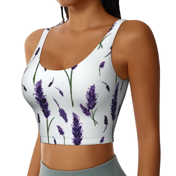 Picia Lavender Flowers Sports Bra for Women,Padded Strappy Sports Bras Medium Support Yoga Bra with Removable Cups,Running Yoga Bra-