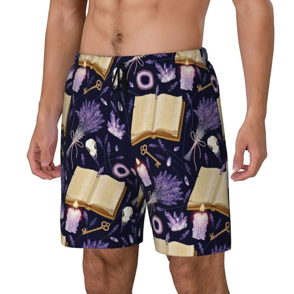 Picia Lavender Flowers pattern Mens Swim Trunks with Compression Liner Stretch Beach Shorts Quick Dry with Zipper Pockets No-Chafing Board Shorts-Medium