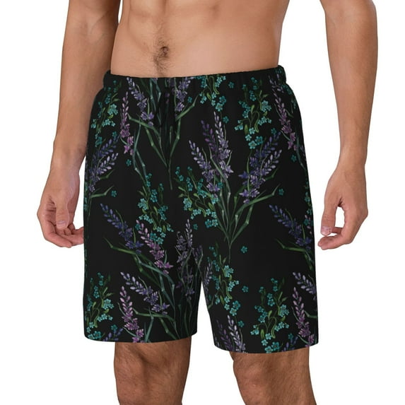 Picia Lavender Flowers pattern Mens Swim Trunks with Compression Liner Stretch Beach Shorts Quick Dry with Zipper Pockets No-Chafing Board Shorts-X-Large
