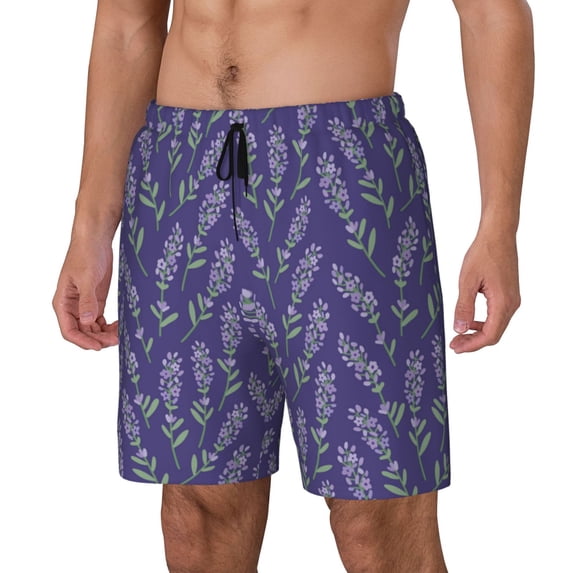 Picia Lavender Flowers pattern Mens Swim Trunks with Compression Liner Stretch Beach Shorts Quick Dry with Zipper Pockets No-Chafing Board Shorts-X-Large