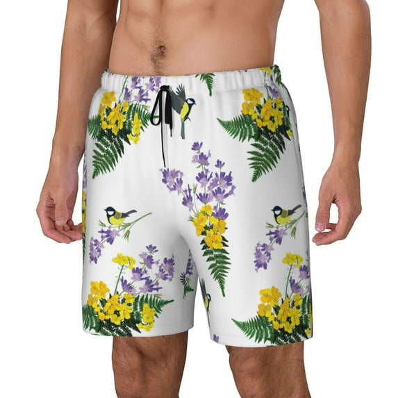 Picia Lavender Flowers pattern Mens Swim Trunks with Compression Liner Stretch Beach Shorts Quick Dry with Zipper Pockets No-Chafing Board Shorts-X-Large