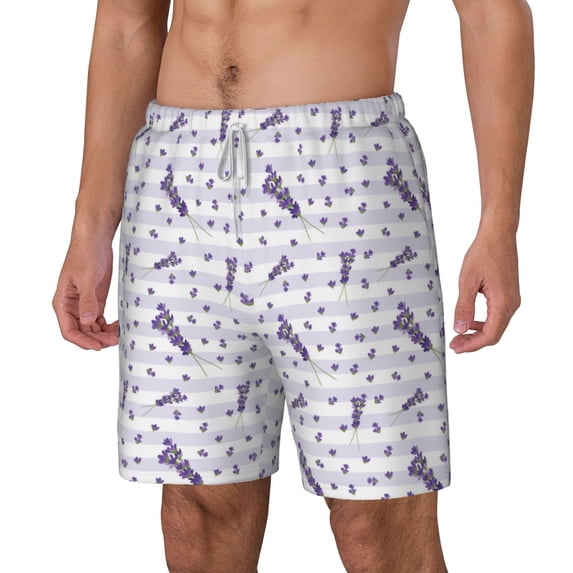 Picia Lavender Flowers pattern Mens Swim Trunks with Compression Liner Stretch Beach Shorts Quick Dry with Zipper Pockets No-Chafing Board Shorts-X-Large