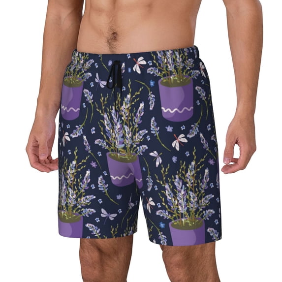 Picia Lavender Flowers pattern Mens Swim Trunks with Compression Liner Stretch Beach Shorts Quick Dry with Zipper Pockets No-Chafing Board Shorts-XX-Large