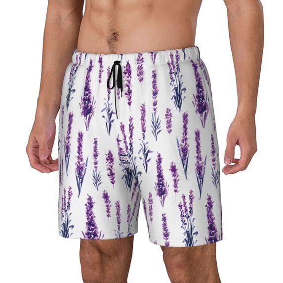 Picia Lavender Flowers pattern Mens Swim Trunks with Compression Liner Stretch Beach Shorts Quick Dry with Zipper Pockets No-Chafing Board Shorts-