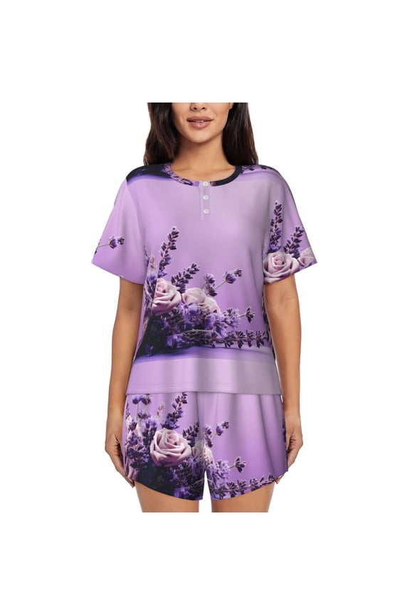 Lavender Roses Arrangement Pajamas Sets for Women Soft Short-Sleeved Pjs with Lounge Shorts Two Piece Sleepwear-Large