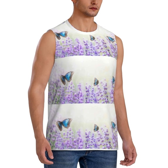 Picia Lavender and Butterfly mens Cotton Tank Undershirts , Moisture-wicking Ribbed Tanks, Lightweight Cotton Tank Undershirts-Small