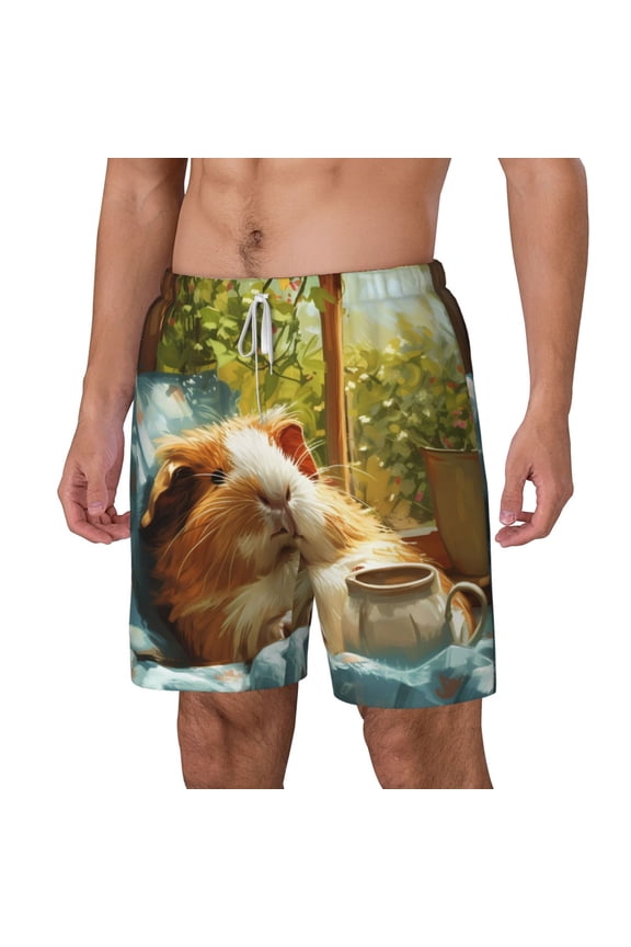 Lazy Home Style Guinea Pig pattern Mens Swim Trunks with Compression Liner Stretch Beach Shorts Quick Dry with Zipper Pockets No-Chafing Board Shorts-Large