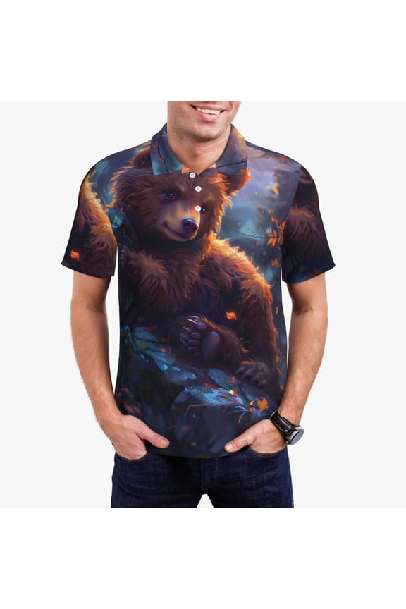 Lazy Stone Bear Print Men's Polo Shirt, Two-Button Closure Pique Polo Shirt, Summer Fashion Golf Shirt-Small