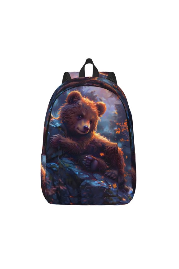 Lazy Stone Bear Printed Canvas Daypack - Stylish and Durable Vintage Compact Backpack - Class, Work, Travel, or Laptop Bookbag,Organized Compartments-Medium