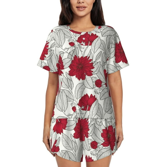 Picia Leaves And Anemone Pajamas Sets for Women Soft Short-Sleeved Pjs with Lounge Shorts Two Piece Sleepwear-4X-Large