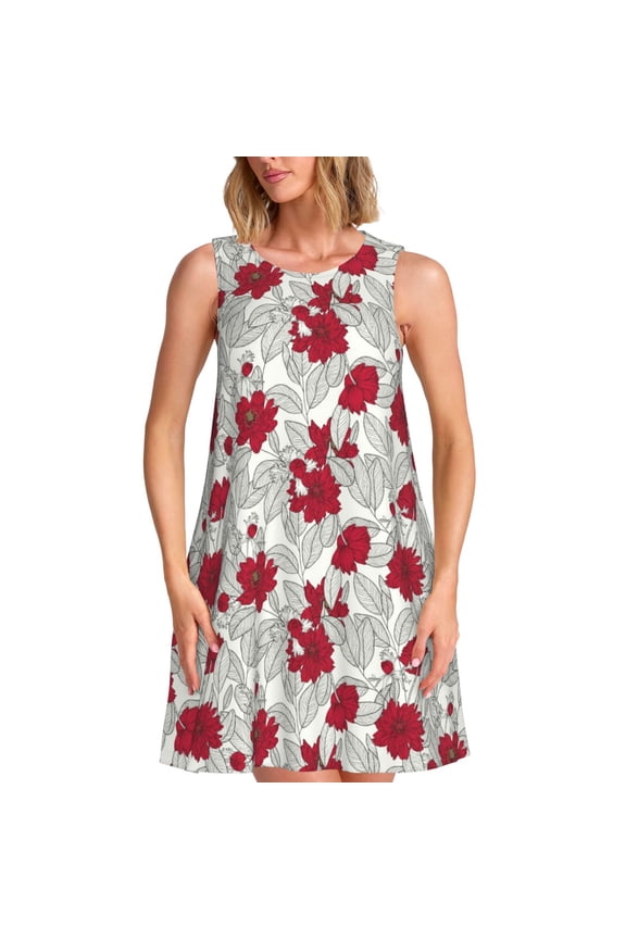 Leaves And Anemone Flowers In Red Grey Print Women’s Sleeveless Midi Swing Dress – A-Line Pleated Tank Sundress, Comfortable and Flowy T-Shirt Dress