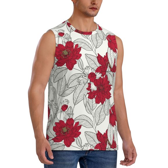 Picia Leaves And Anemone Flowers In Red Grey mens Cotton Tank Undershirts , Moisture-wicking Ribbed Tanks, Lightweight Cotton Tank Undershirts-X-Large