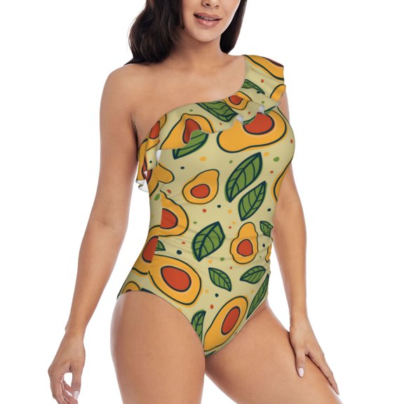 Picia Leaves Avocado Pattern Women's One Piece Swimsuits,One Shoulder Swimwear Asymmetric ,Ruffle Monokinis Bathing Suits,High Waisted Flattering Bathing Suits-Medium