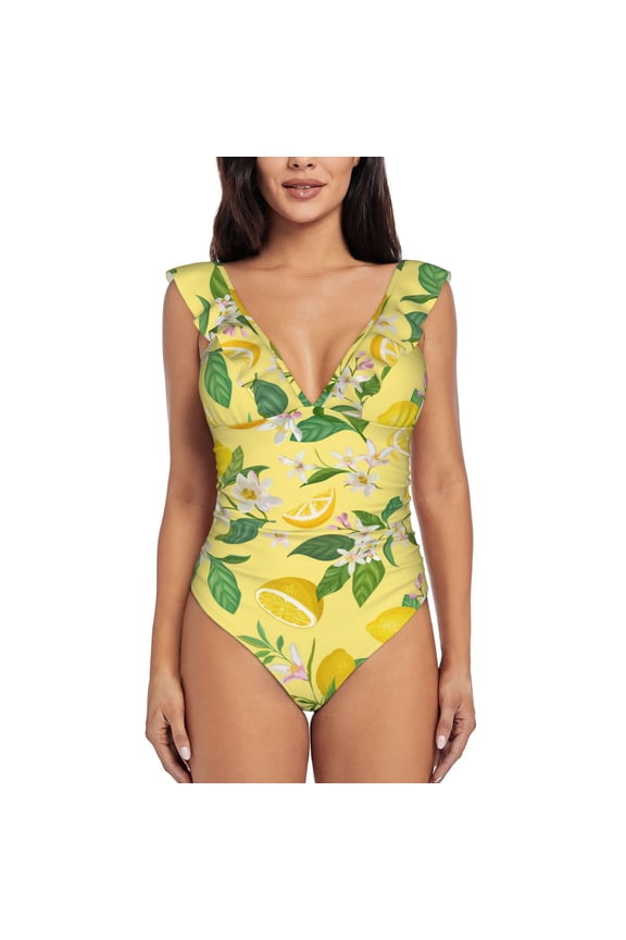 Lemon Blooming Jelly Womens Tummy Control Bathing Suits Slimming Ruffle Swimsuit One Piece Lace Swimwear-