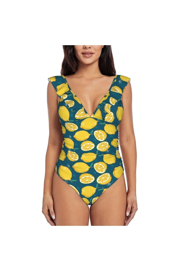 Lemon Blooming Jelly Womens Tummy Control Bathing Suits Slimming Ruffle Swimsuit One Piece Lace Swimwear-
