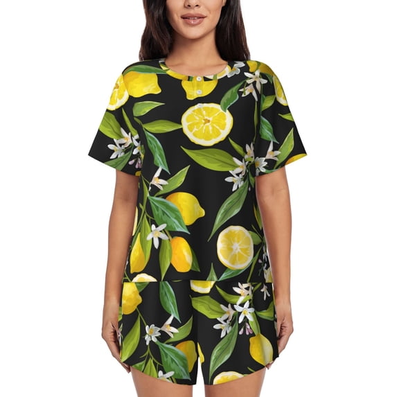 Picia Lemon Fruits Flowers Leaves Pajamas Sets for Women Soft Short-Sleeved Pjs with Lounge Shorts Two Piece Sleepwear-Large