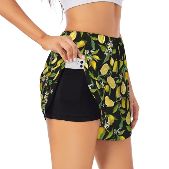 Picia Lemon Fruits Flowers Leaves Pattern Women's 2 in 1 Athletic Running Shorts High Waisted Workout Casual Gym Sweat Shorts with Comfy Liner Zipper Pockets-Large