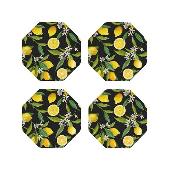 Picia Lemon Fruits Flowers Leaves Printed Leather Coasters for Drinks, 4" Drink Coasters Set of 4 for Tabletop Protection, Handmade Luxurious Home Décor and Housewarming Gift -Octagon