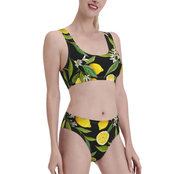 Picia Lemon Fruits Flowers Leaves Women's High Waisted Bikini Scoop Neck Swimsuit Two Pieces Bathing Suit-Medium