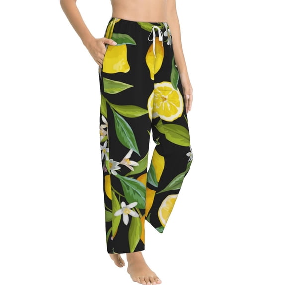 Picia Lemon Fruits Flowers Leaves Womens Soft Woven Cotton Elastic Waistband Sleep Pajama Pant Lounge Sleep Pant With Pockets And Drawstring-XX-Large