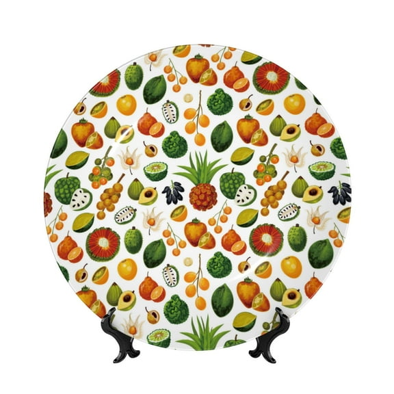 Picia Lemon Fruits Vegetables Pattern Bone China Decorative Plate – Wall Decor with Stand and Adhesive, Elegant Ornament for Living Room, Office, or Entryway-6in