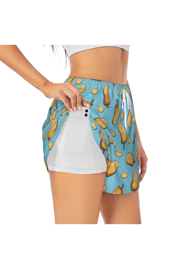 Lemon Ice Cream Pattern Women's 2 in 1 Athletic Running Shorts High Waisted Workout Casual Gym Sweat Shorts with Comfy Liner Zipper Pockets-Medium