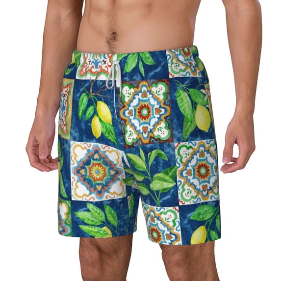Picia Lemon and Leaves pattern Mens Swim Trunks with Compression Liner Stretch Beach Shorts Quick Dry with Zipper Pockets No-Chafing Board Shorts-Small