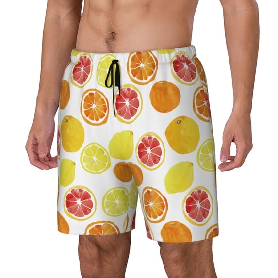 Picia Lemon Orange pattern Mens Swim Trunks with Compression Liner Stretch Beach Shorts Quick Dry with Zipper Pockets No-Chafing Board Shorts-Medium