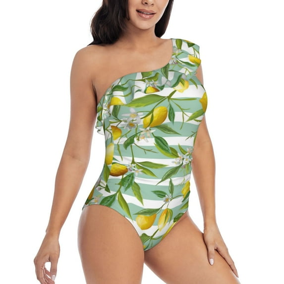 Picia Lemon Pattern Women's One Piece Swimsuits,One Shoulder Swimwear Asymmetric ,Ruffle Monokinis Bathing Suits,High Waisted Flattering Bathing Suits-Medium