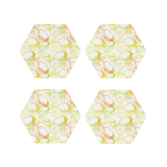 Picia Lemon Potatoes Printed Leather Coasters for Drinks, 4" Drink Coasters Set of 4 for Tabletop Protection, Handmade Luxurious Home Décor and Housewarming Gift -Hexagon