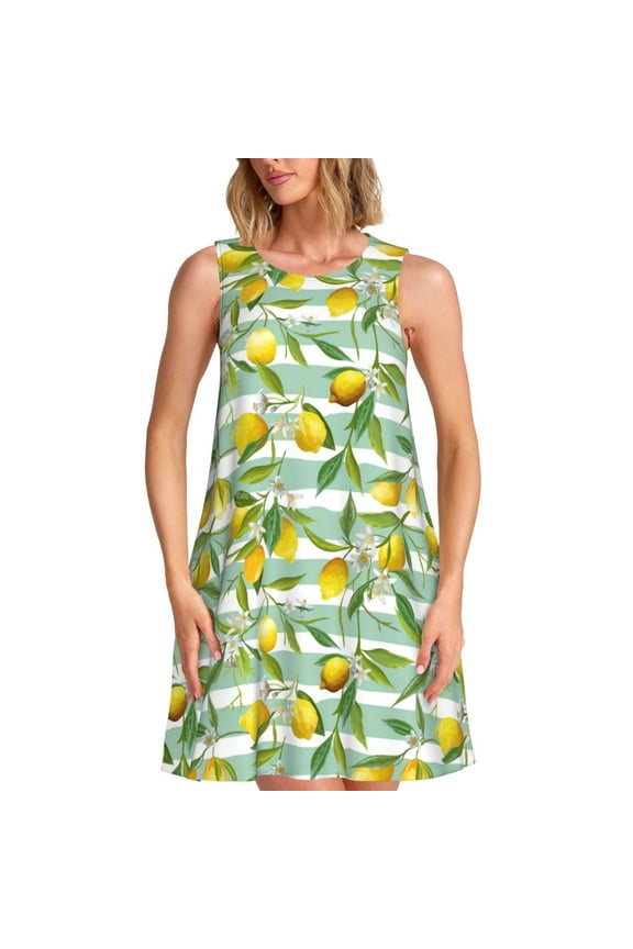 Lemon Print Women’s Sleeveless Midi Swing Dress – A-Line Pleated Tank Sundress, Comfortable and Flowy T-Shirt Dress