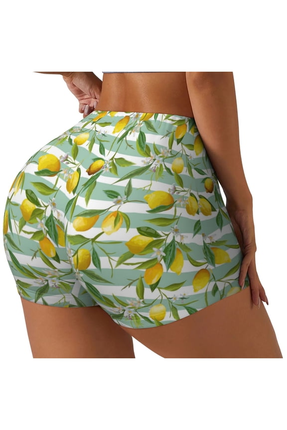 Lemon Printed Workout Shorts for Women Seamless Scrunch Butt Lifting High Waisted Yoga Gym Booty Running Moisture-wicking Short Pants-Large