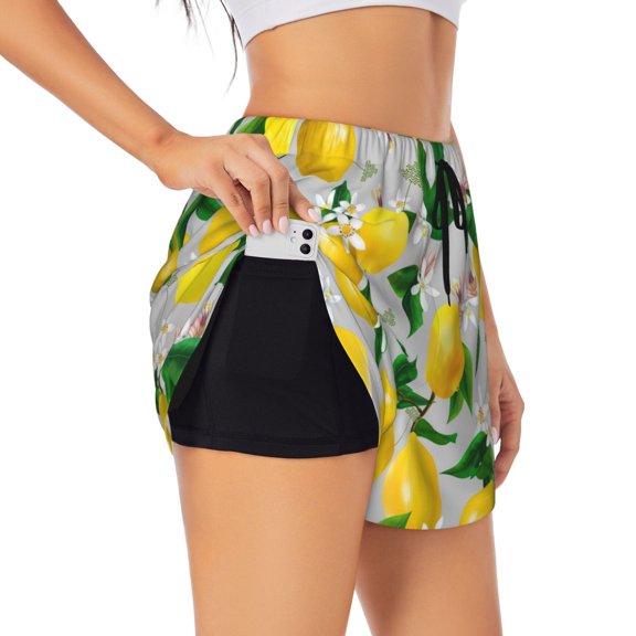 Picia Lemon Seamless Pattern Oil Painting Effect Pattern Women's 2 in 1 Athletic Running Shorts High Waisted Workout Casual Gym Sweat Shorts with Comfy Liner Zipper Pockets-X-Large