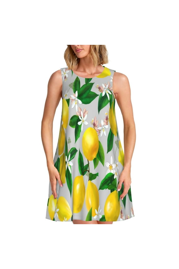Lemon Seamless Pattern Oil Painting Effect Print Women’s Sleeveless Midi Swing Dress – A-Line Pleated Tank Sundress, Comfortable and Flowy T-Shirt Dress