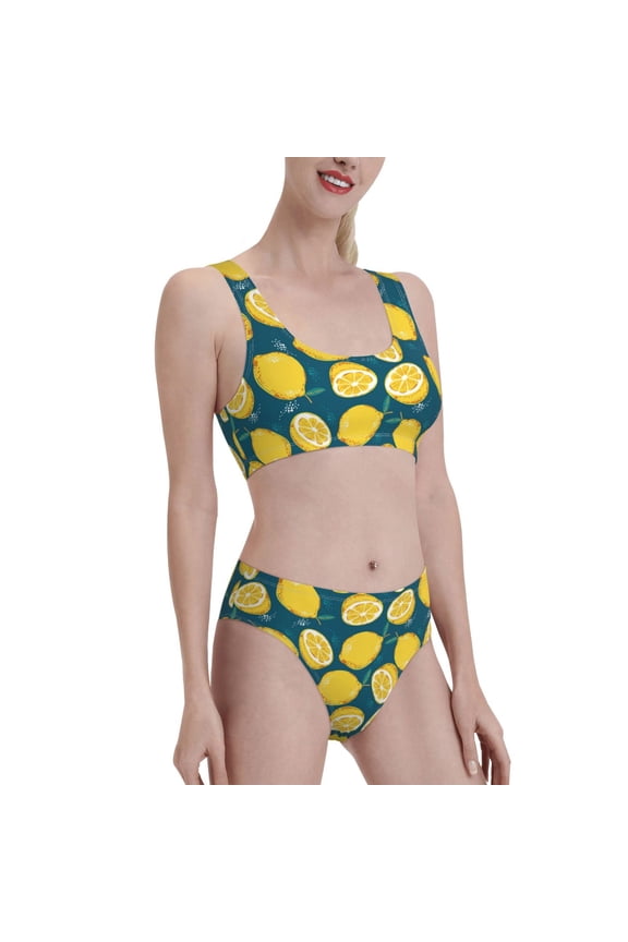 Lemon Women's High Waisted Bikini Scoop Neck Swimsuit Two Pieces Bathing Suit-Large