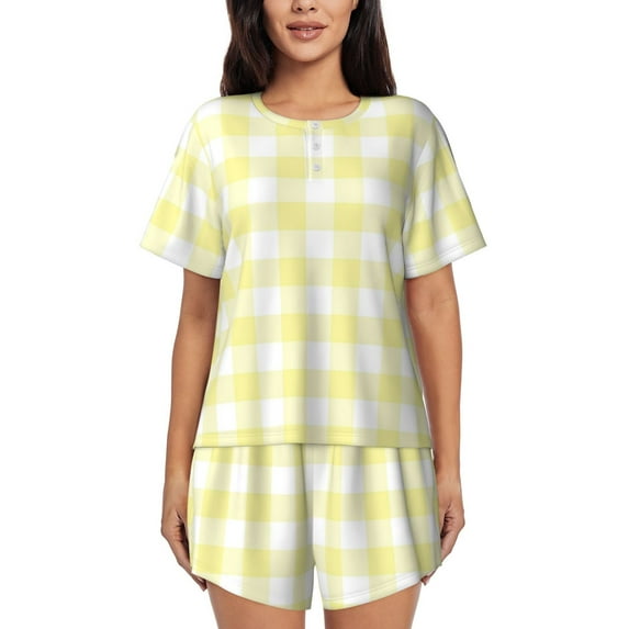 Picia Lemon Yellow Checkboard Pajamas Sets for Women Soft Short-Sleeved Pjs with Lounge Shorts Two Piece Sleepwear-X-Large