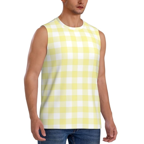 Picia Lemon Yellow Checkboard mens Cotton Tank Undershirts , Moisture-wicking Ribbed Tanks, Lightweight Cotton Tank Undershirts-Large