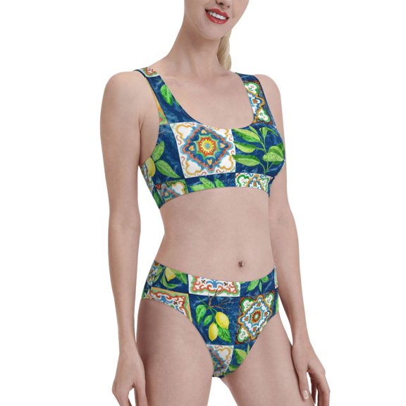 Picia Lemon and Leaves Women's High Waisted Bikini Scoop Neck Swimsuit Two Pieces Bathing Suit-Medium