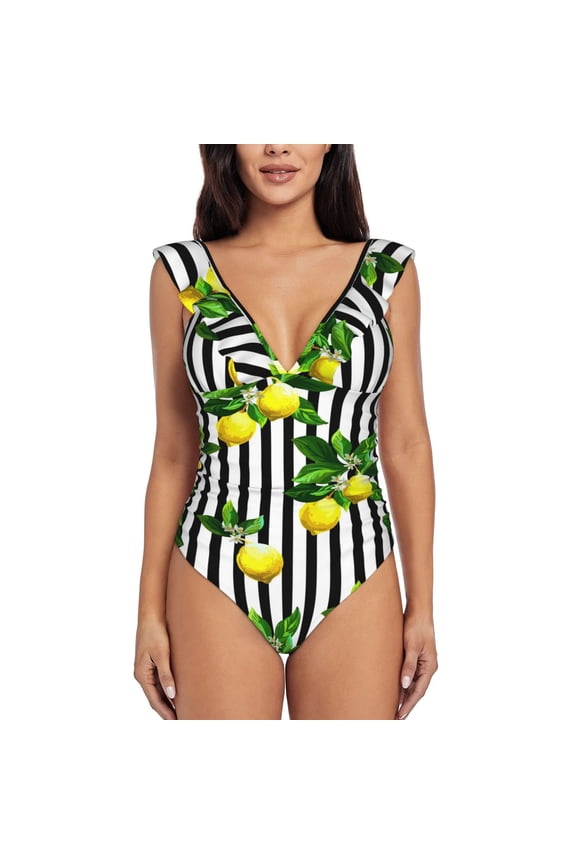 Lemons on Striped Blooming Jelly Womens Tummy Control Bathing Suits Slimming Ruffle Swimsuit One Piece Lace Swimwear-