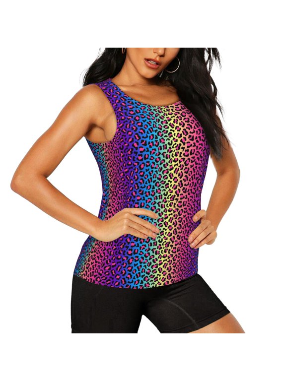 Leopard Neon Rainbow Gradient Pattern Women's Workout Tank Top,Breathable Activewear,Slim Fit Athletic Top,Versatile Workout Moisture-wicking top-Medium