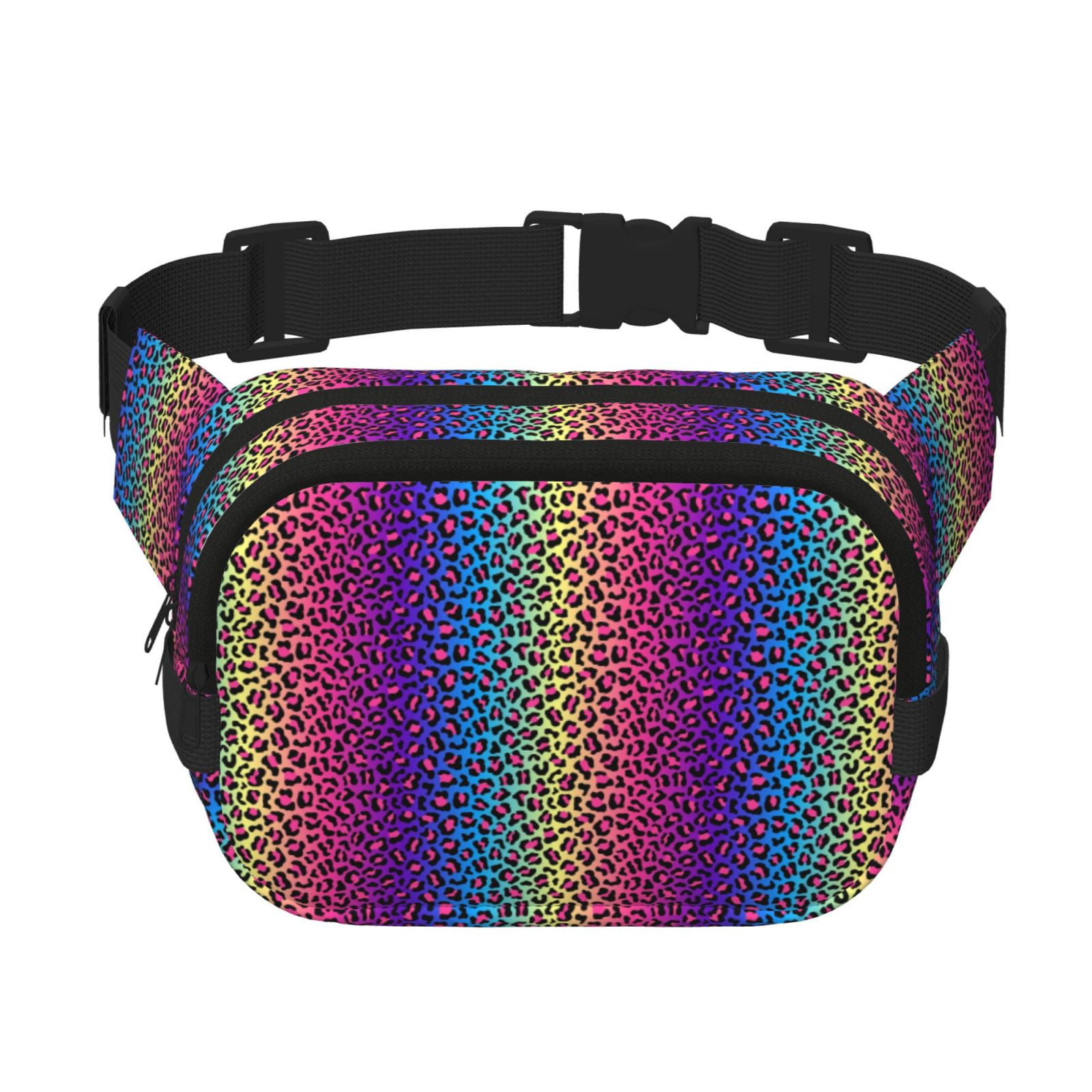Picia Leopard Neon Rainbow Gradient Print Square Double-Layer Waist Bag Mini Adjustable Waist Belt Bag Exercise Running Travel Hiking