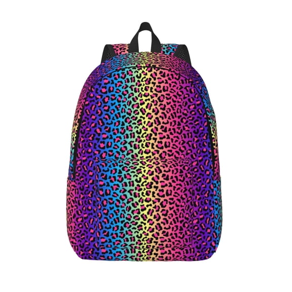 Picia Leopard Neon Rainbow Gradient Printed Canvas Daypack - Stylish and Durable Vintage Compact Backpack - Class, Work, Travel, or Laptop Bookbag,Organized Compartments-Medium