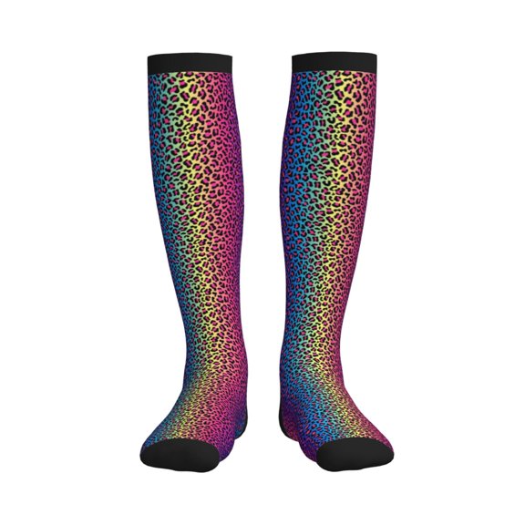 Picia Leopard Neon Rainbow Gradient Printed Sports Compression Socks - 15-20mmHg Graduated Compression, High-Performance Soft and Breathable Socks for Men and Women