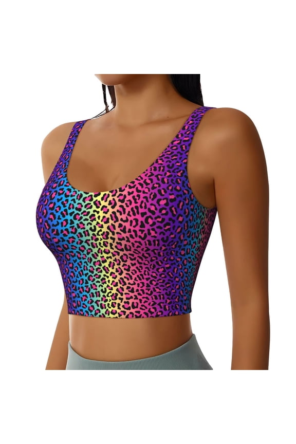 Leopard Neon Rainbow Gradient Sports Bra for Women,Padded Strappy Sports Bras Medium Support Yoga Bra with Removable Cups,Running Yoga Bra-Large