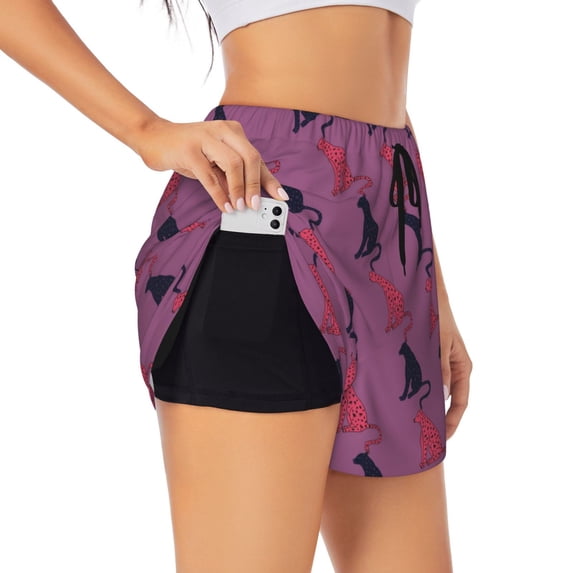 Picia Leopard Print Pattern Women's 2 in 1 Athletic Running Shorts High Waisted Workout Casual Gym Sweat Shorts with Comfy Liner Zipper Pockets-Medium