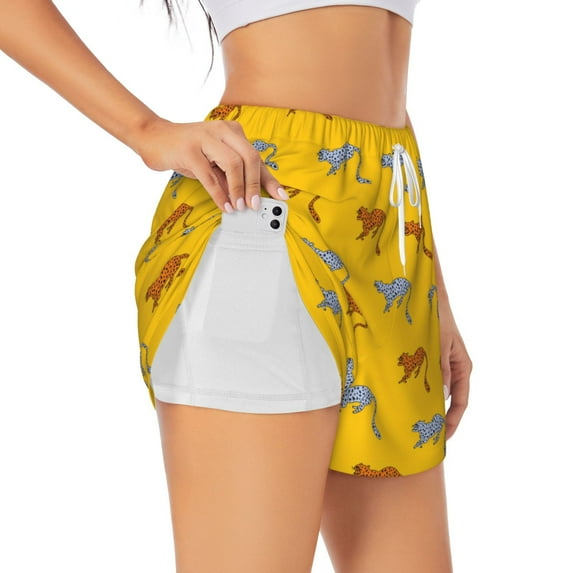 Picia Leopard Print Pattern Women's 2 in 1 Athletic Running Shorts High Waisted Workout Casual Gym Sweat Shorts with Comfy Liner Zipper Pockets-Large