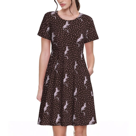 Picia Leopard Print Pattern Women's Short Sleeve Summer Dress Pleated Loose Swing Knee Length Short Sleeve Swing Dresses