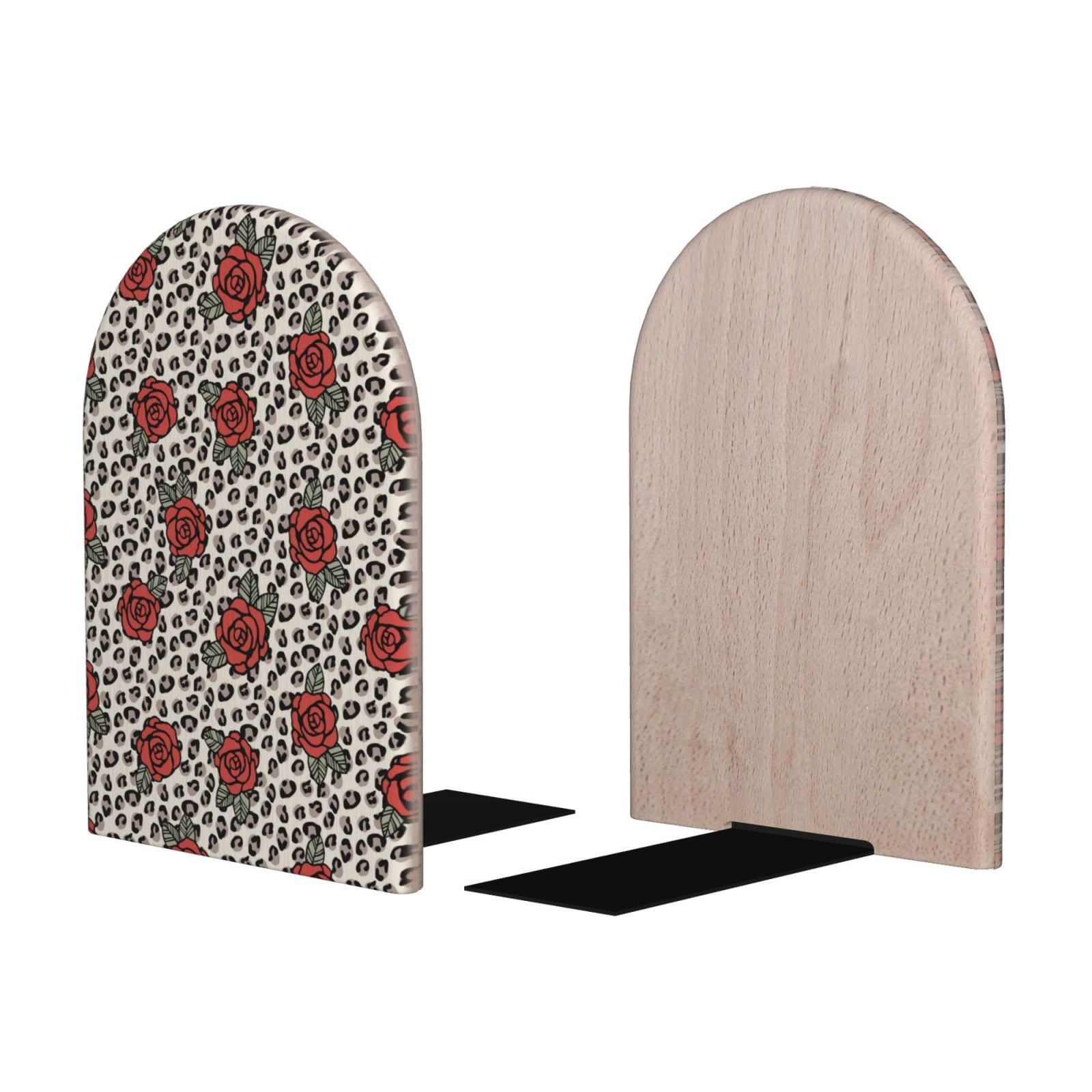 Picia Leopard Print Rose Pattern Wood Bookends for Shelves,Non-slip ...